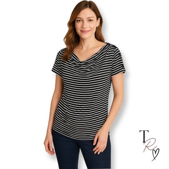 Talbots Tops - Talbots Nautical Striped Top with Button Shoulder Detail Navy & White Size Small